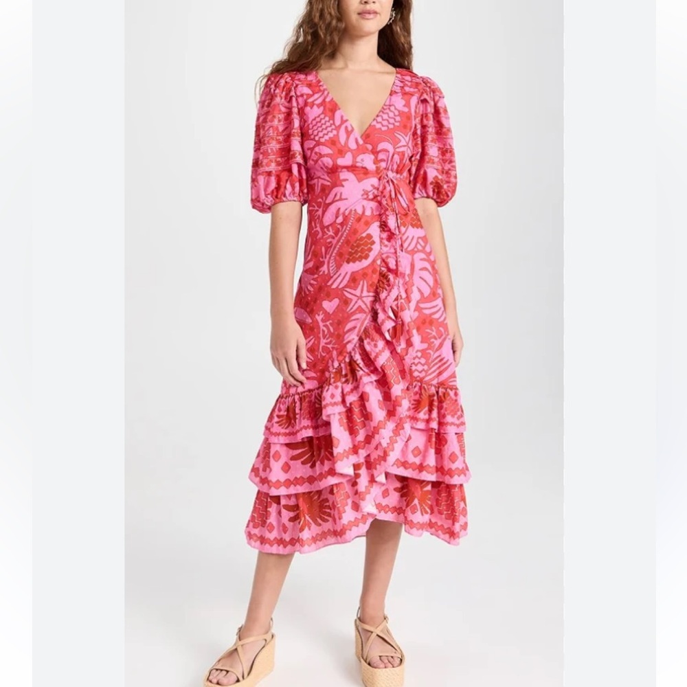 FARM Rio Pink & Hot Pink Wrap-Tiered Midi Dress
